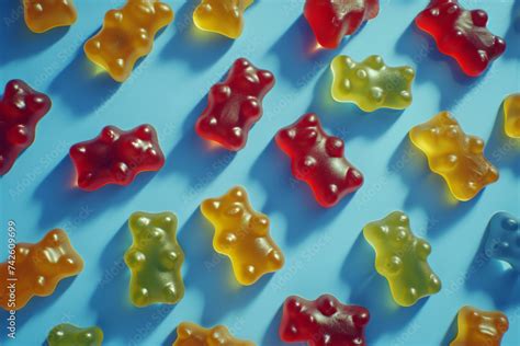 Colorful Jelly Beans In The Shape Of Teddy Bears Lying On A Blue Empty