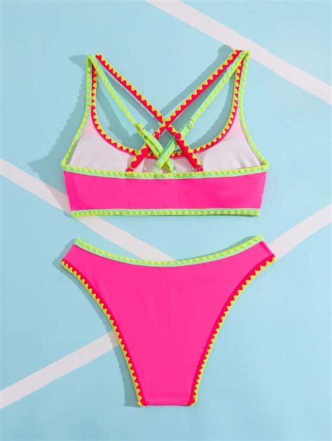 SHEIN Swim SPRTY Pink Shing Nylon Material Sexy Bikini With Serrated Edge Design SHEIN USA