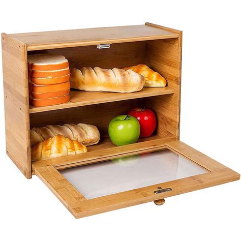 Bamboo 2 Layer Large Capacity Bread Box Countertop Bread Storage Bread