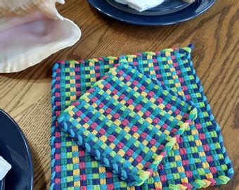 Handwoven Cotton Potholders And Hot Pads Navy Neutrals Series Modern Farmhouse Decor