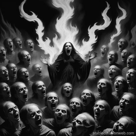 A Black And White Gothic Art Of Many Souls Screaming And Tormented In