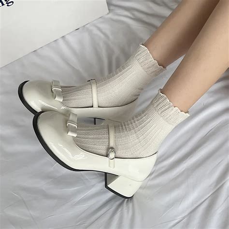 Lucyever Cute Bowknot White Mary Jane Shoes Women 2024 New Thick Heels Nude Pumps Woman Japanese