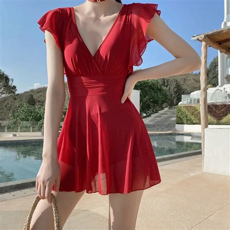Swimsuit One Piece Swim Suit Sexy V Neck Swimwear Hot Spring Beach Bathing Skirt Dress Women