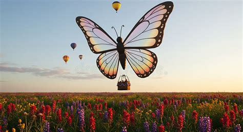 Giant Butterfly Hot Air Balloon Soaring Over Vibrant Wildflower Field Stock Illustration