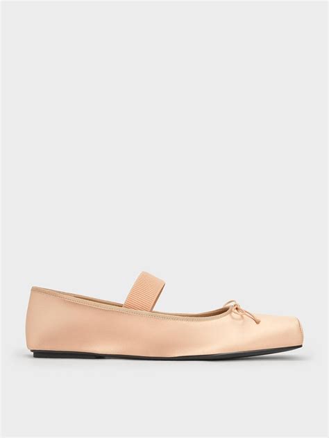 Nude Satin Square Toe Mary Jane Ballet Flats CHARLES KEITH UK