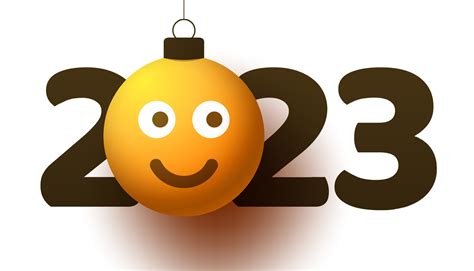 Greeting card for 2023 new year with smiling emoji face that hangs on thread like a christmas ...