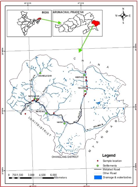 Map of Anjaw district, Arunachal Pradesh showing sampling sites ...