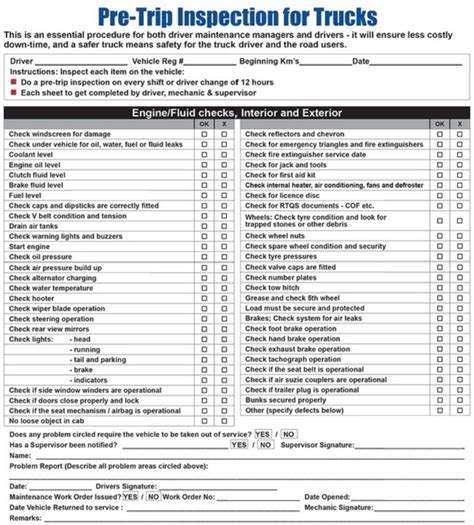 Printable Pre Trip Inspection Checklist Sheet