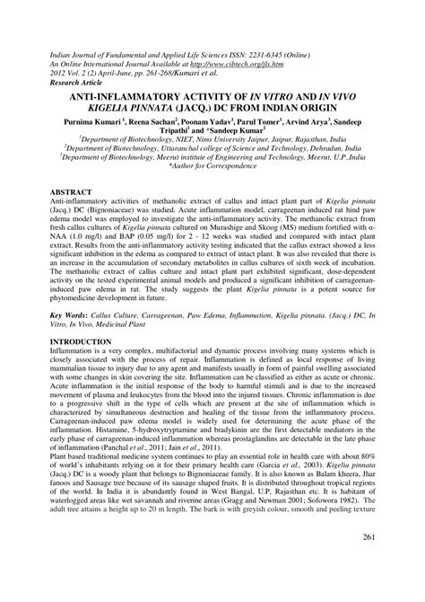 Pdf Anti Inflammatory Activity Of In Vitro And In Vivo Kigelia