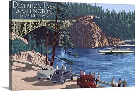 Whidbey Island Washington Deception Pass Bridge Retro Travel Poster Wall Art Canvas Prints