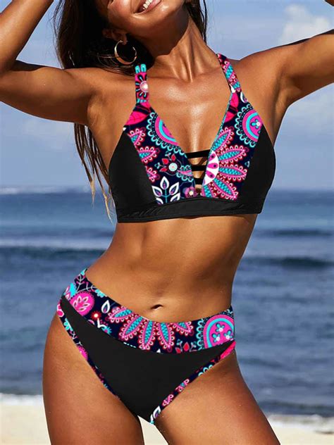 Women S Sexy Hollow Out Criss Cross Bikini Set Vintage Floral Beach Swimwear Cut Out Boho