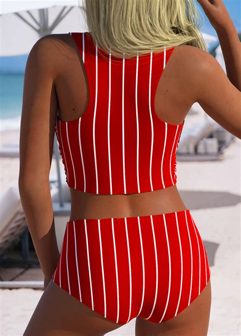 High Waisted Striped Red Bikini Set Modlily USD