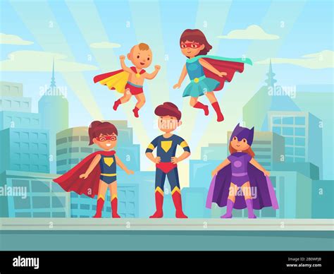 Superhero kids team. Comic hero kid in super costume with cloak on ...