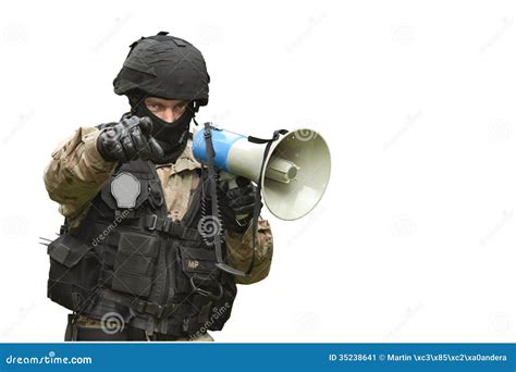 A Policeman Shouts Orders Into A Megaphone Stock Image - Image: 35238641