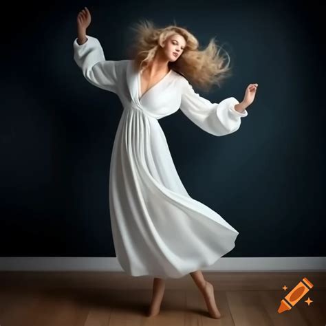 Woman With Blonde Rolled Curled Hair In White Nightgown Dancing In Dark Room On Craiyon