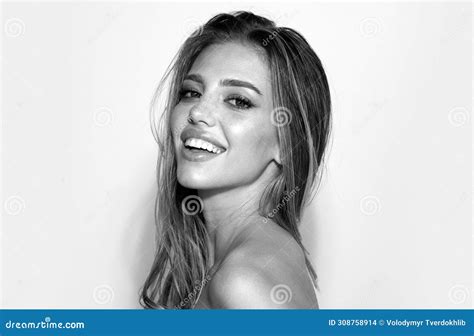 Beautiful Smiling Woman With Naked Shoulder Isolated On White Sensual Beauty Female Model Face