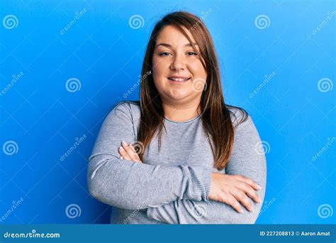 Beautiful Brunette Plus Size Woman Wearing Casual Clothes Happy Face Smiling With Crossed Arms