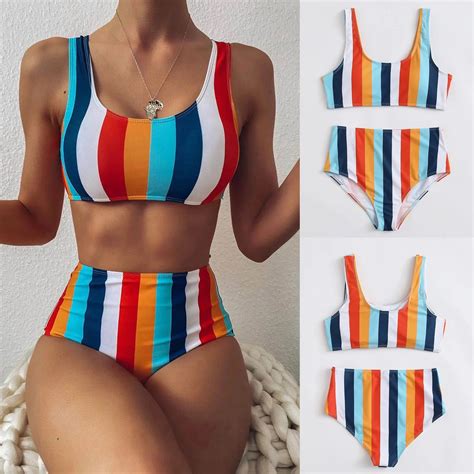 Beach Bath Outlet Woman Waist Swimsuit Two Striped Bikini High Cut Push Set Women Hight Up