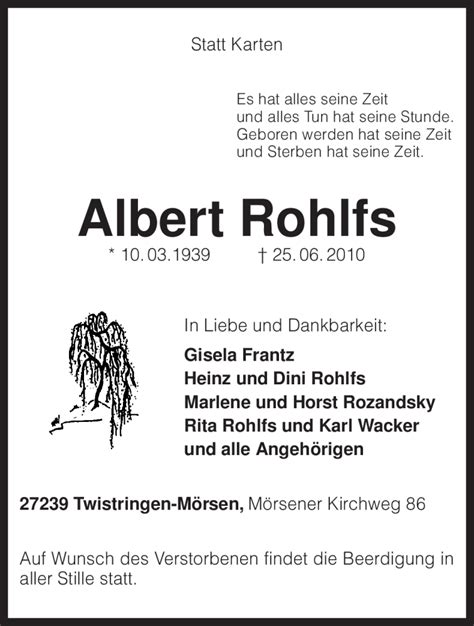 Traueranzeigen Von Albert Rohlfs Trauer Kreiszeitung De