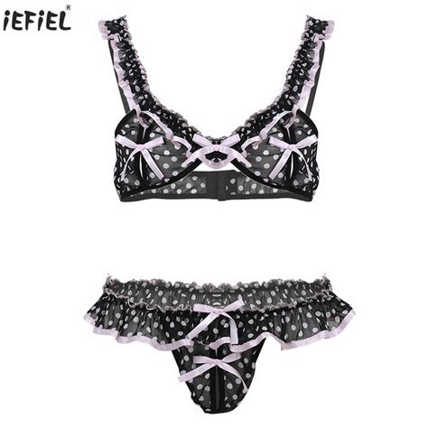 Men Chiffon Elastic Bikini Bra With Briefs Underwear Sissy Lingerie Sexy Men Underwear And Gay