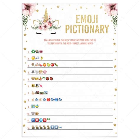 Unicorn baby shower Emoji Pictionary game printable | Instant download