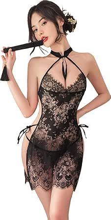 TOMORI Women Vintage Sexy Lace Cheongsam Lingerie Mesh Floral Sleepwear Nightgown See Through