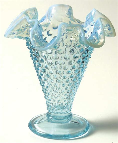 Hobnail Blue Opalescent Double Crimped Footed Vase By Fenton