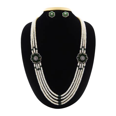 Luxurious Pearls Haar With CZ SP Emeralds Floral Side Pendants Pure