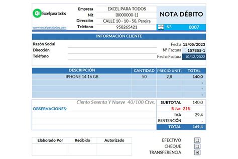 Formato de Nota de Débito en Excel para llenar e Imprimir Nota