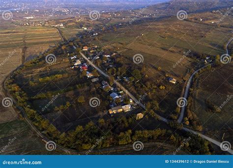 Real Estate Aerial Drone View With Rural Development Stock Photo