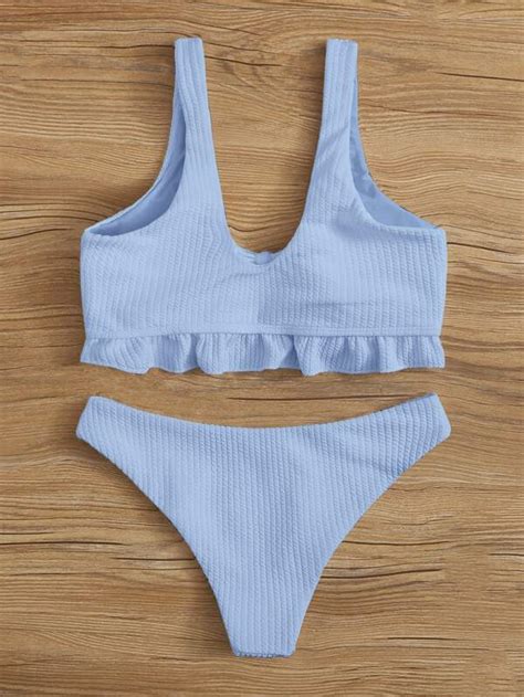 Shein Swim Mod Rib Ruffle Knot Front Bikini Swimsuit Shein Uk