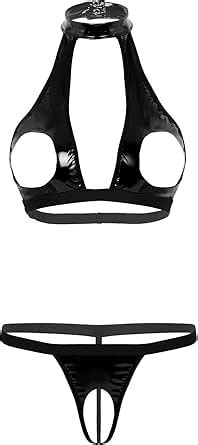 Amazon ACSUSS Womens PVC Leather Bikini Set Underwear Wet Look Halter Open Bra G String