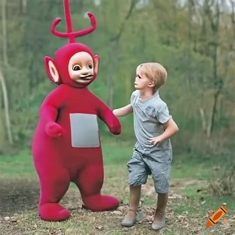 Large Female Teletubby Playfully Interacting With A Boy On Craiyon