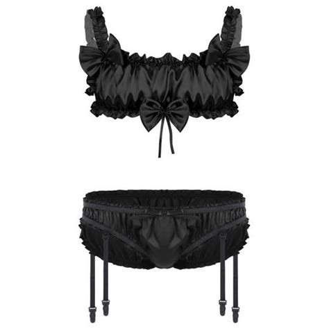 Inhzoy Ensemble Lingerie Satin Homme Sissy Sous V Tement Bra Top Soutien Gorge Et String Culotte