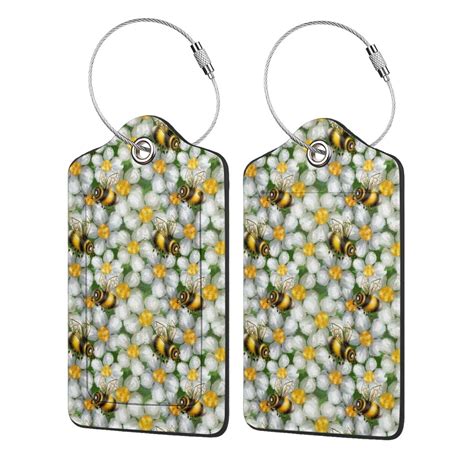 Disketp 2 Pcs Luggage Tag For Suitcase Bees And Flower Leather Baggage