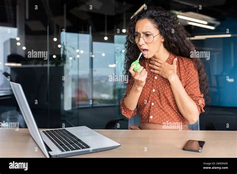 Sick Hispanic Woman In Office Business Woman Has Sore Throat Sore