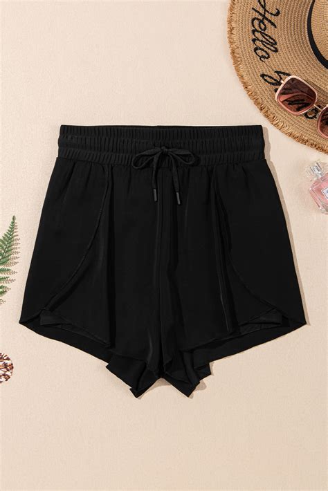 5 2 Black High Waisted Drawstring 2 In 1 Side Pocket Color Block Bikini Shorts Wholesale