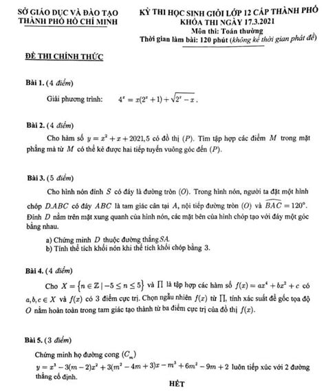 Đề Thi Học Sinh Giỏi Lớp 12 Môn Toán Năm 2020 2021 Sở GdandĐt Tp Hcm