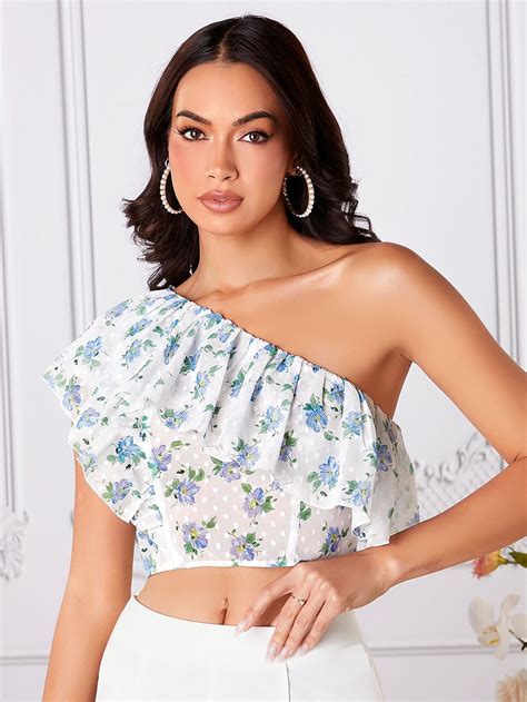 Floral Print One Shoulder Ruffle Trim Crop Blouse Crop Blouse