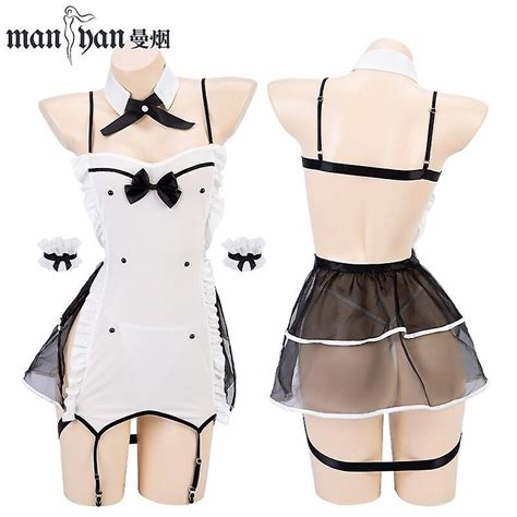 Women Lace Perspective Sexy Lingerie Maid Costumes Pajama Suit Anime Role Play Party Apron Dress