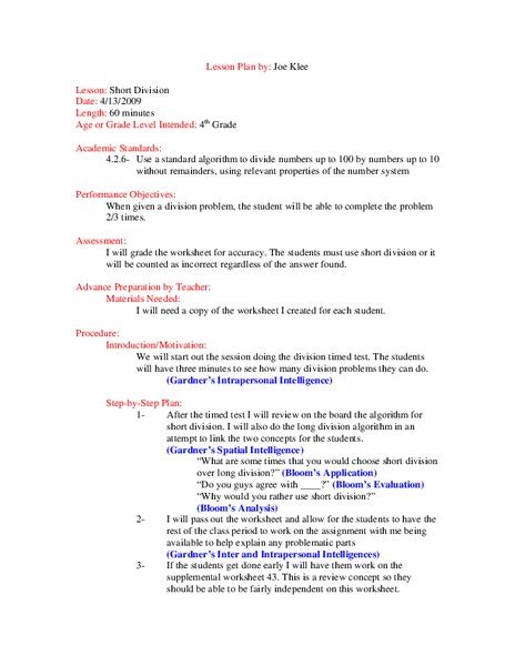 Short Division Lesson Plan For 4th Grade Lesson Planet