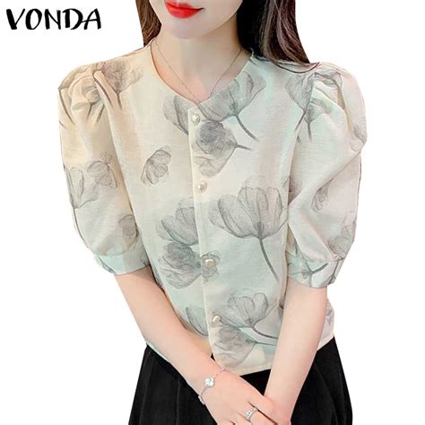 VONDA Women Korean Short Sleeves Puff Sleeves Round Neck Casual Floral