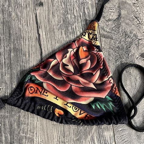 Ed Hardy Y K Black Graphic Design Bikini Top Size Depop