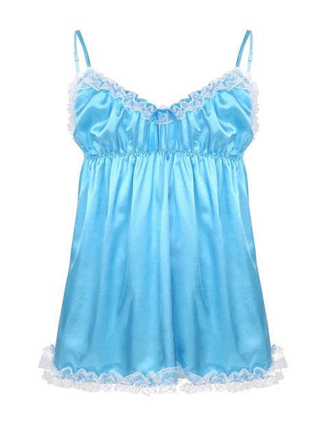 Iixpin Men S Shiny Satin Sissy Lingerie Dress Ruffled Frilly Lace Hem Crossdressing Pajamas