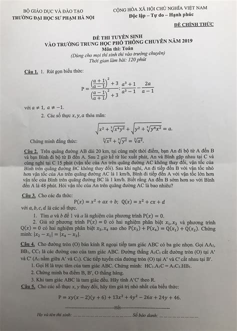 Đáp án Môn Toán Thi Vào Lớp 10 Thpt Chuyên Sư Phạm Hà Nội 2019