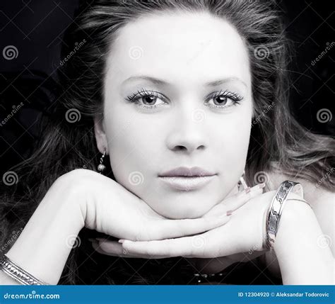 Portrait Of A Sensual Brunette With Blue Eyes Stock Photo Image Of Pretty Colorful 12304920