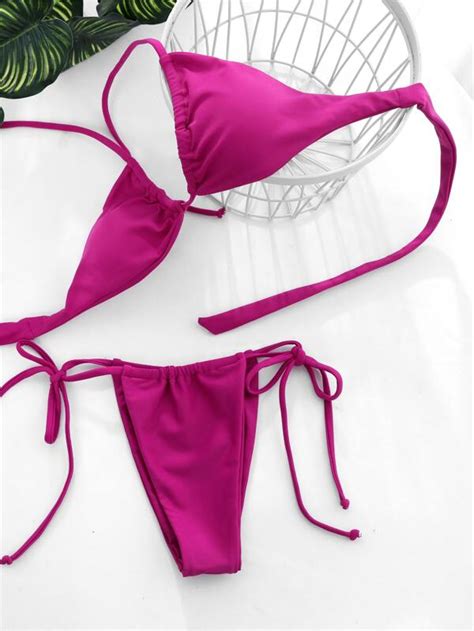 Shein Swim Vcay Solid Bikini Set Versatile Self Tie Halter Micro Bra Thong Bottom Piece