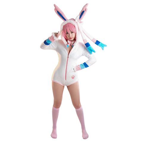 Sylveon Derivative Sexy Fluffy Hooded Bodysuit Halloween Deep V Kawaii One Piece Lingerie