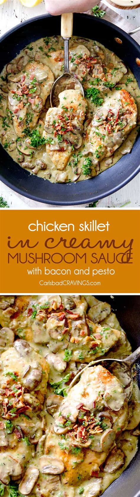 30 Minute Chicken In Creamy Mushroom Sauce With Bacon And Pesto Carlsbad Cravings Recipes