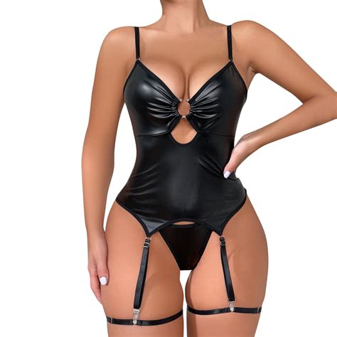Women S Lingerie Pc Leather Teddy Bodysuit Cutout Off Shoulder Conjoined Pu Lace Up Garter